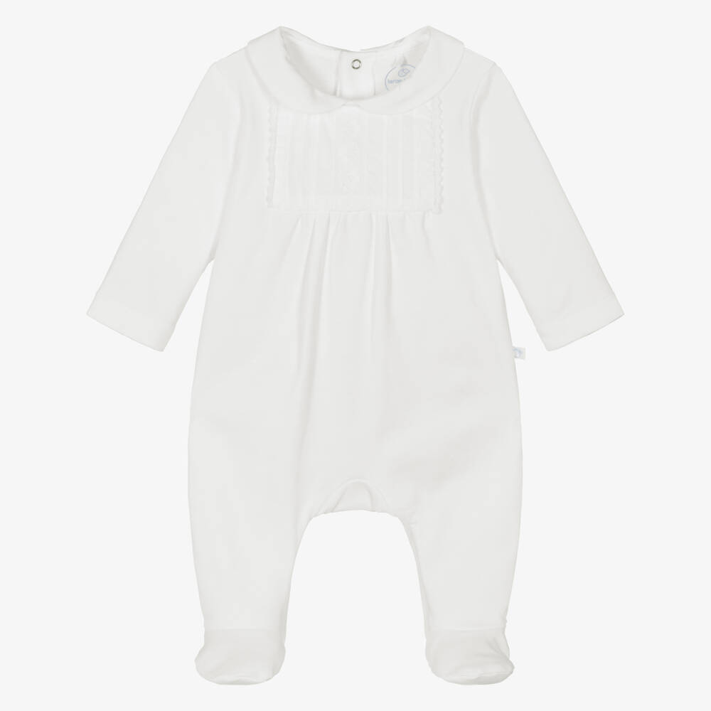 Laranjinha-White Cotton Jersey Babygrow with Pintuck Bib | Childrensalon