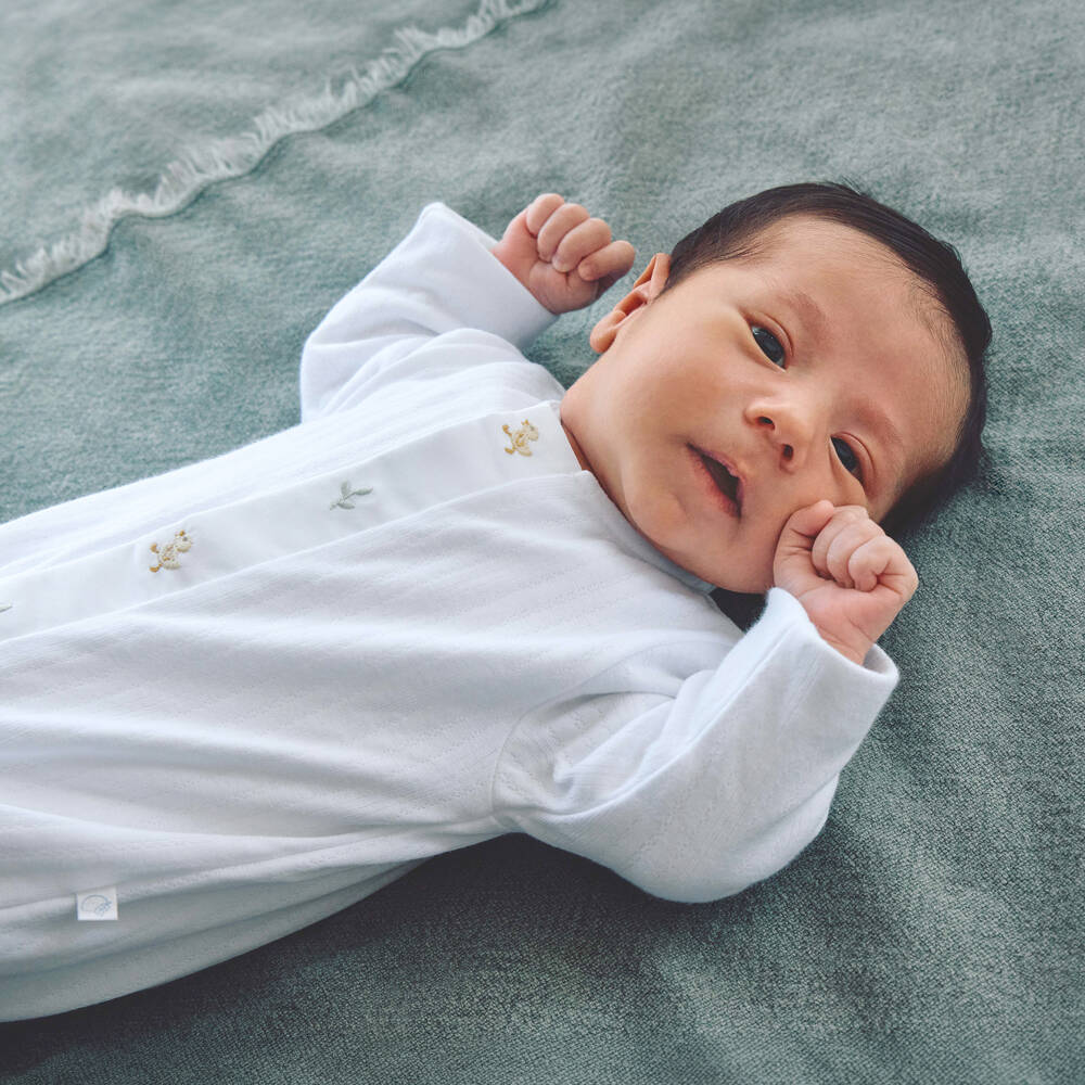 Laranjinha-White Pointelle Cotton Babygrow with Embroidered Ducklings | Childrensalon