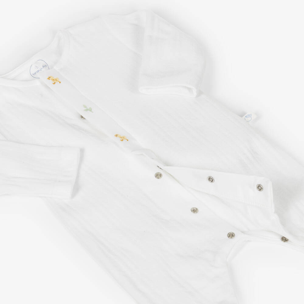 Laranjinha-White Pointelle Cotton Babygrow with Embroidered Ducklings | Childrensalon