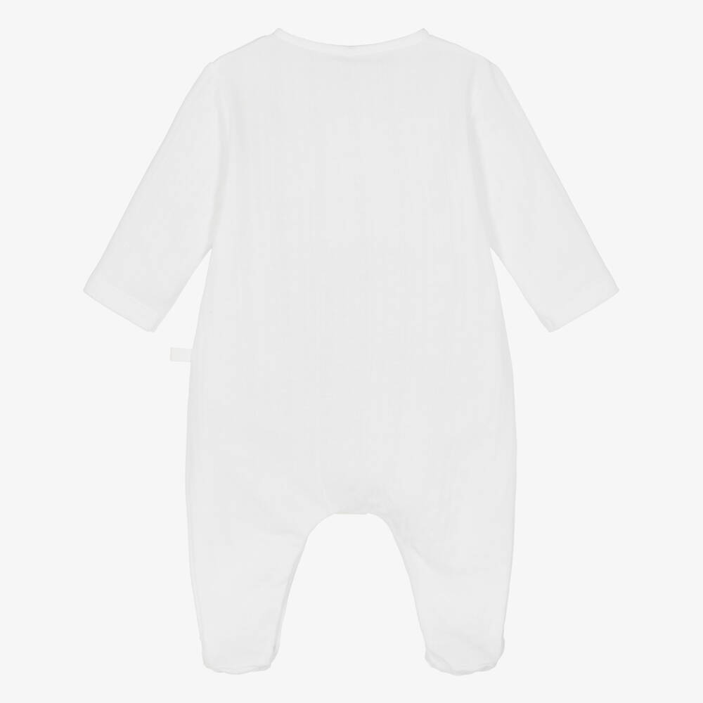Laranjinha-White Pointelle Cotton Babygrow with Embroidered Ducklings | Childrensalon