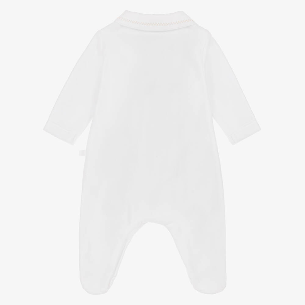 Laranjinha-White Velour Babygrow with Stitched Peter Pan Collar | Childrensalon