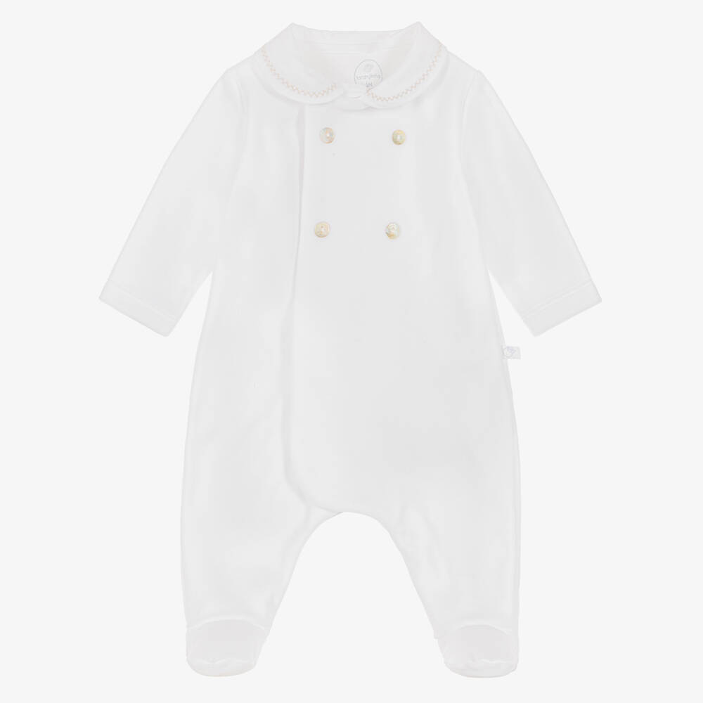 Laranjinha-White Velour Babygrow with Stitched Peter Pan Collar | Childrensalon