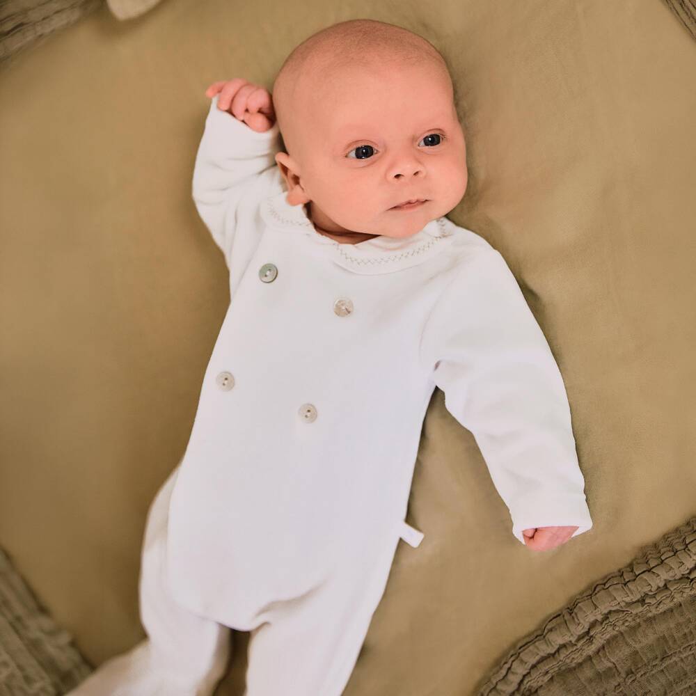 Laranjinha-White Velour Babygrow with Stitched Peter Pan Collar | Childrensalon