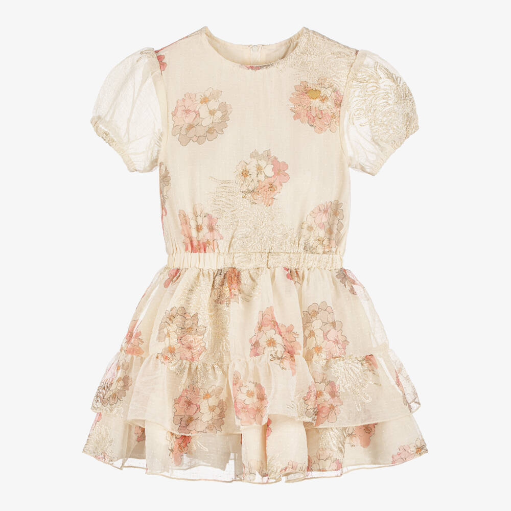 Le Chic-Girls Beige & Pink Floral Chiffon Dress with Gold Embroidery | Childrensalon