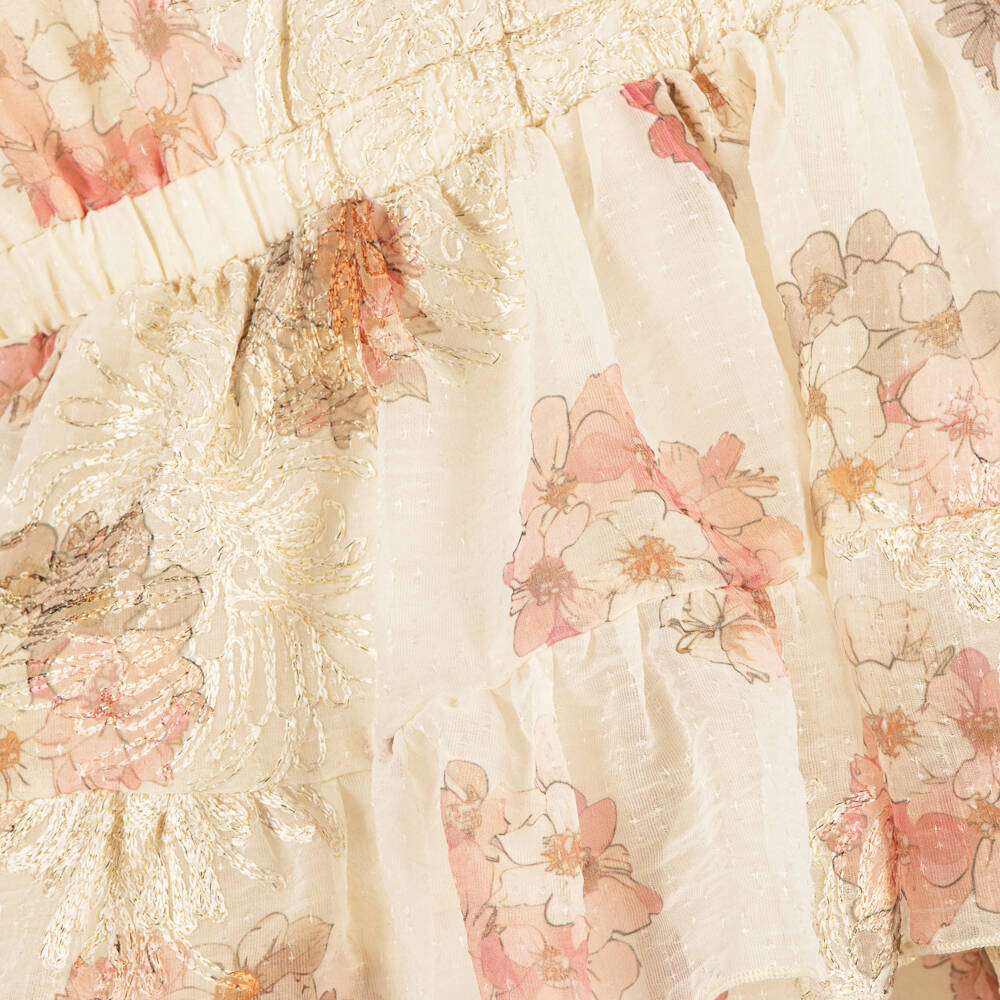 Le Chic-Girls Beige & Pink Floral Chiffon Dress with Gold Embroidery | Childrensalon
