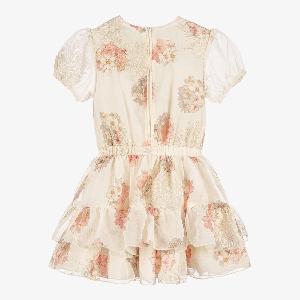 Le Chic-Girls Beige & Pink Floral Chiffon Dress with Gold Embroidery | Childrensalon