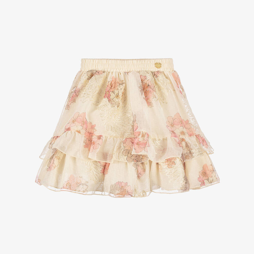 Le Chic-Girls Beige & Pink Floral Chiffon Ruffle Skirt | Childrensalon