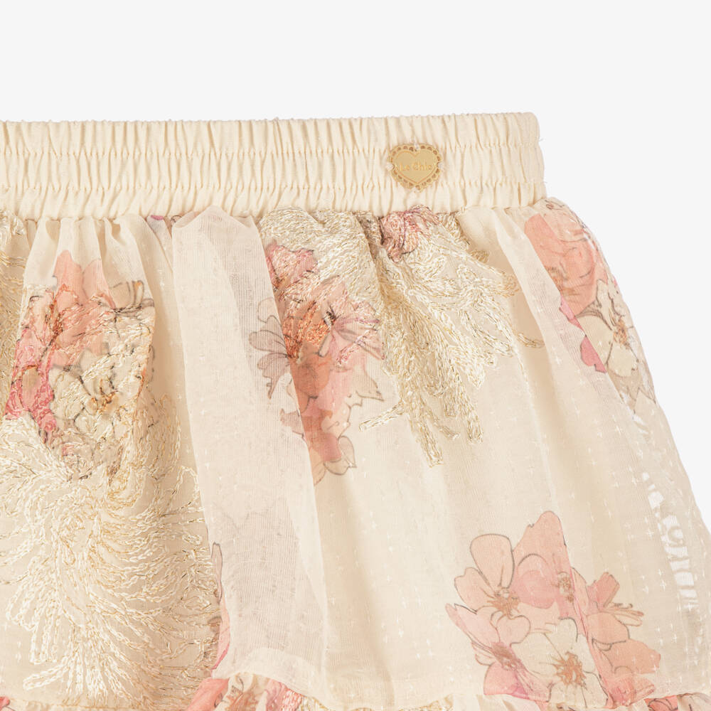 Le Chic-Girls Beige & Pink Floral Chiffon Ruffle Skirt | Childrensalon