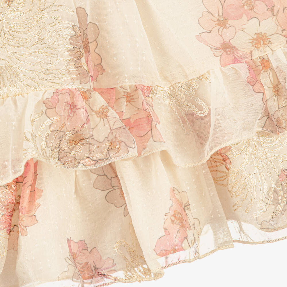 Le Chic-Girls Beige & Pink Floral Chiffon Ruffle Skirt | Childrensalon