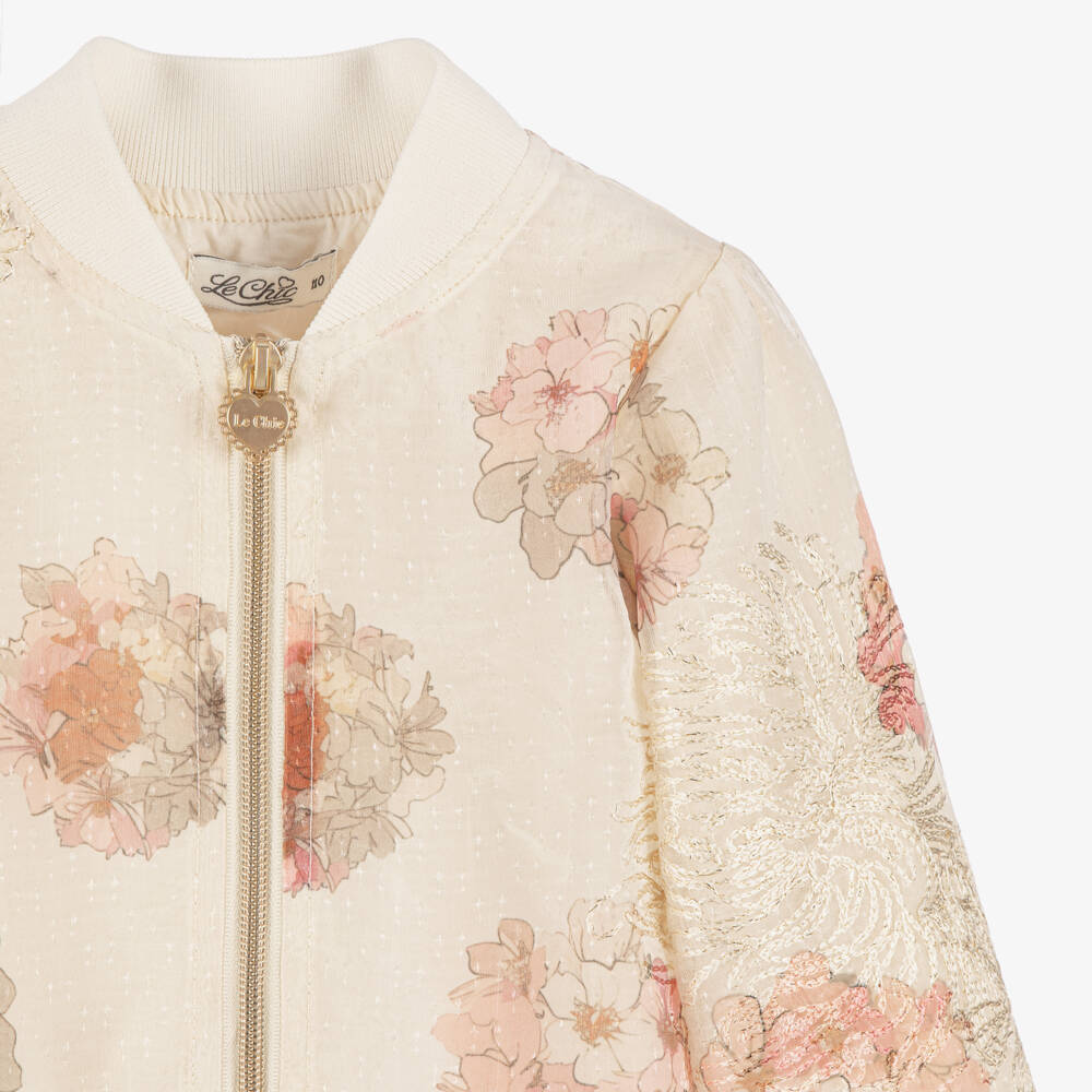Le Chic-Girls Beige, Pink & Gold Floral Chiffon Bomber Jacket | Childrensalon