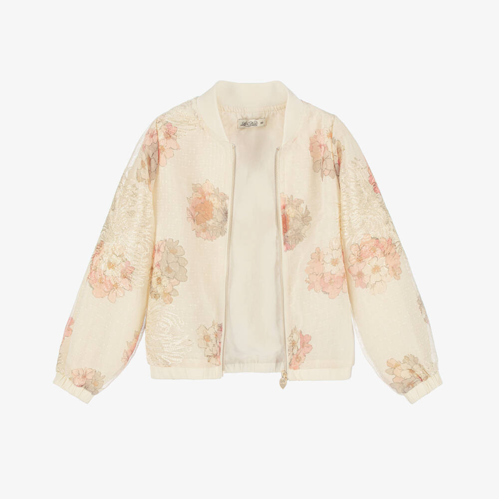 Le Chic-Girls Beige, Pink & Gold Floral Chiffon Bomber Jacket | Childrensalon