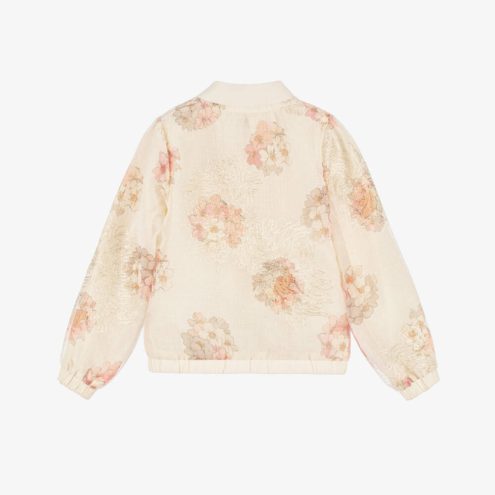 Le Chic-Girls Beige, Pink & Gold Floral Chiffon Bomber Jacket | Childrensalon