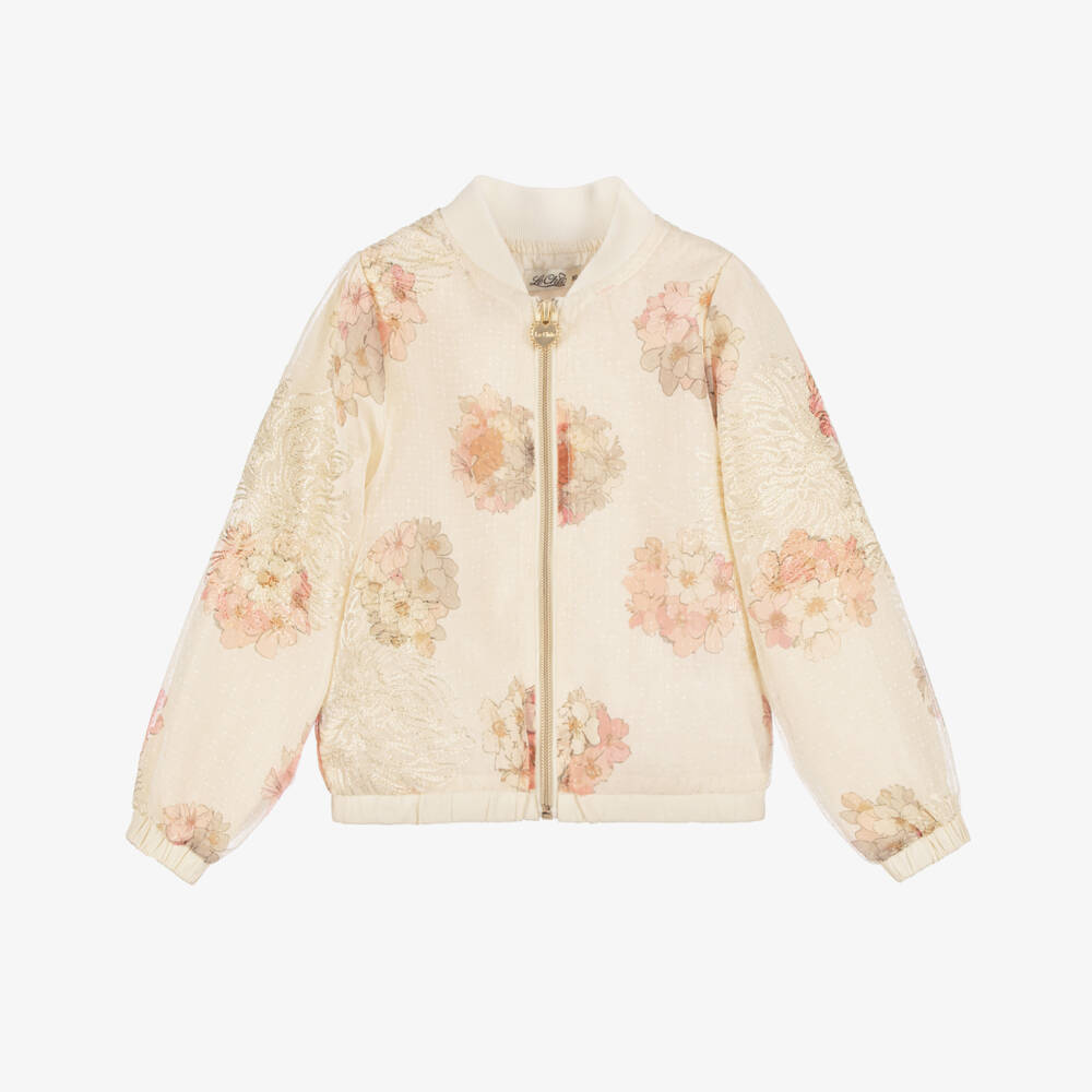 Le Chic-Girls Beige, Pink & Gold Floral Chiffon Bomber Jacket | Childrensalon