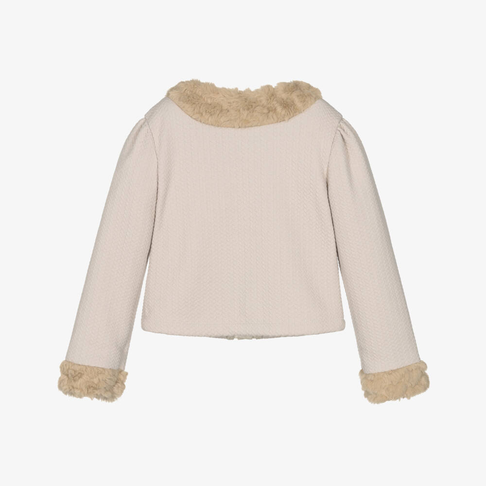 Le Chic-Girls Beige Ribbed Cardigan with Faux Fur Trims | Childrensalon