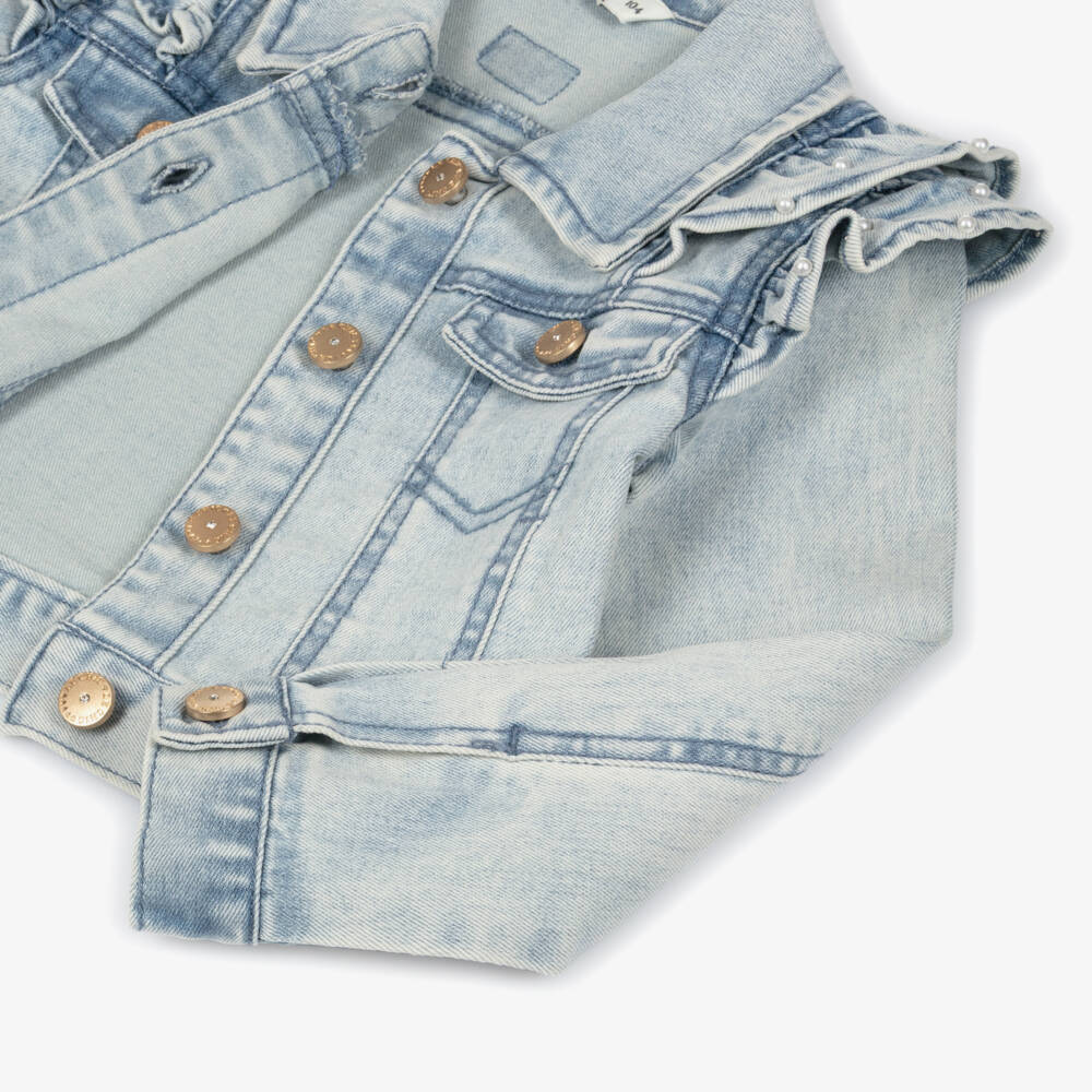 Le Chic-جاكيت دنيم مزين باللؤلؤ لون أزرق للبنات | Childrensalon