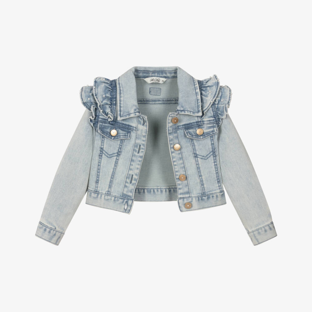 Le Chic-جاكيت دنيم مزين باللؤلؤ لون أزرق للبنات | Childrensalon