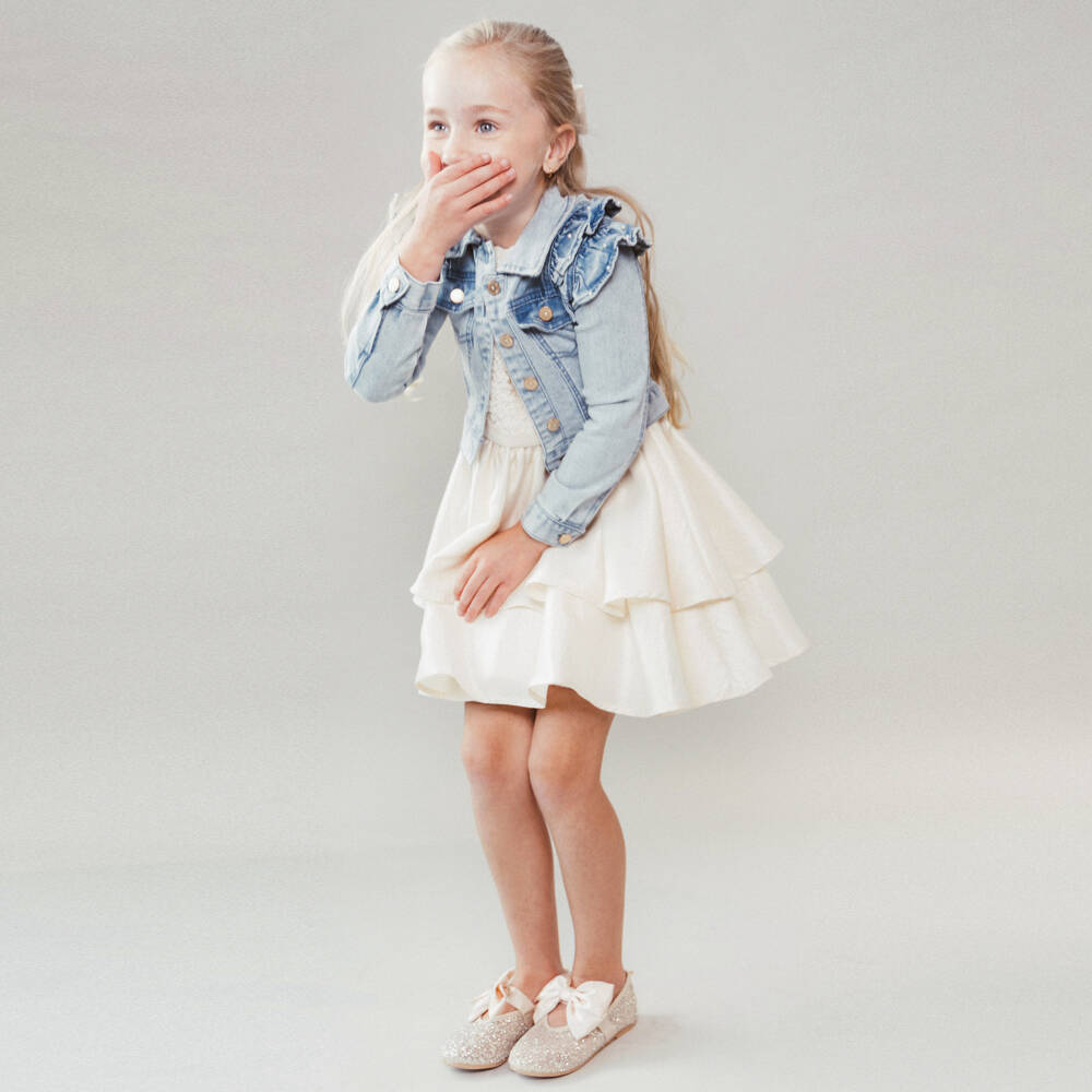 Le Chic-Girls Blue Denim Jacket with Pearl Embellished Ruffles | Childrensalon