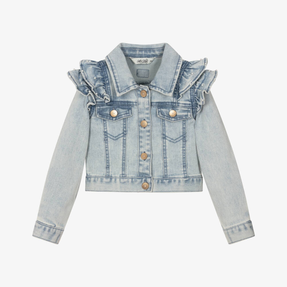 Le Chic-Girls Blue Denim Jacket with Pearl Ruffles | Childrensalon