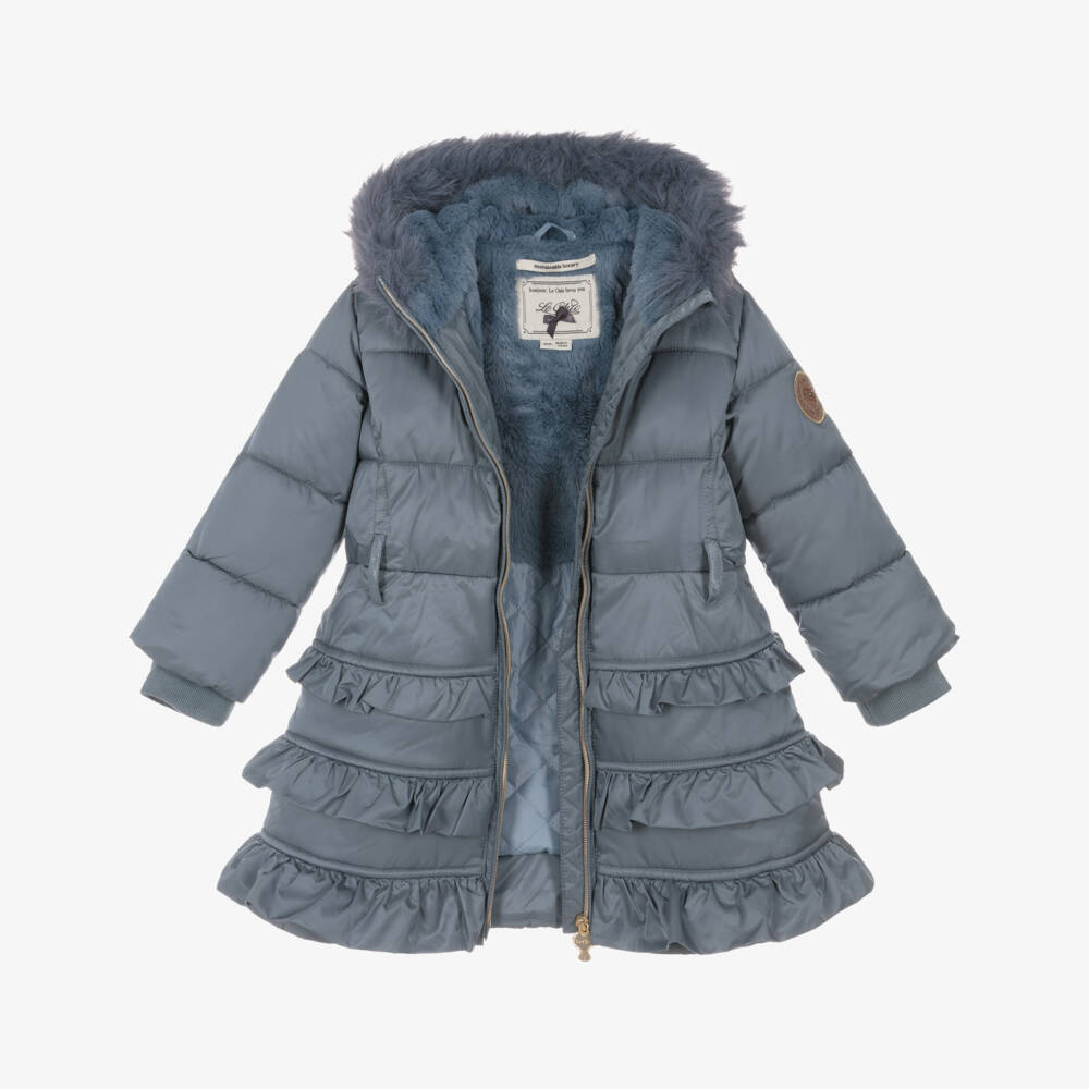 Le Chic-Girls Blue Hooded Puffer Coat with Faux Fur Trim | Childrensalon