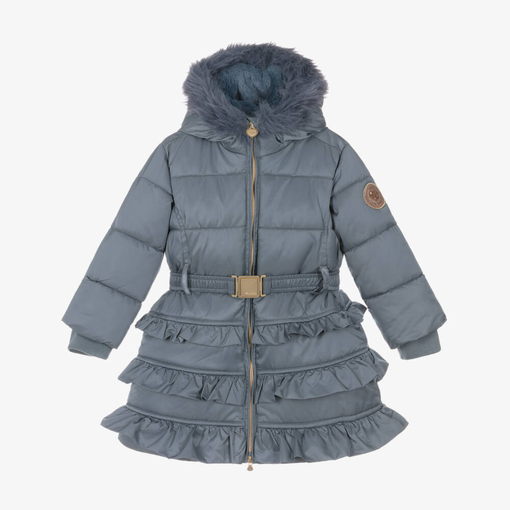Le Chic-Girls Blue Hooded Puffer Coat with Faux Fur Trim | Childrensalon