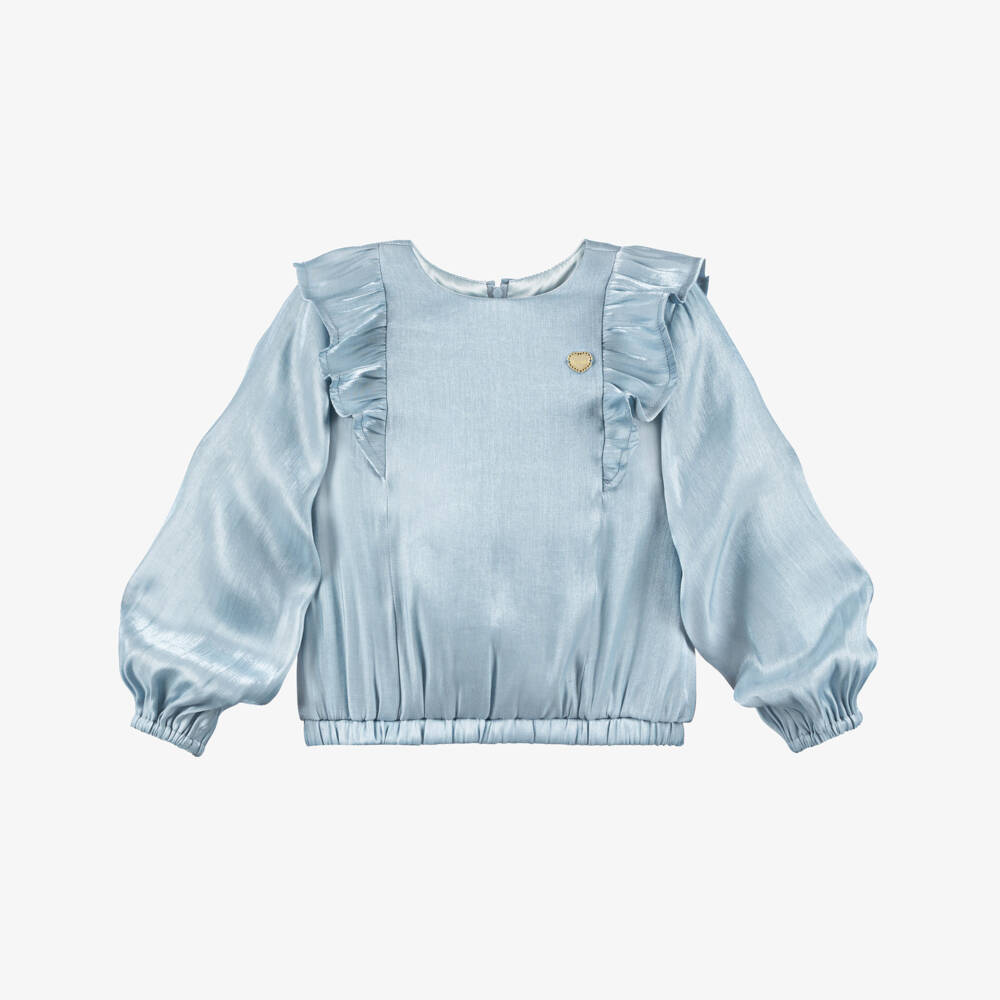 Le Chic-Girls Blue Satin Ruffle Blouse | Childrensalon