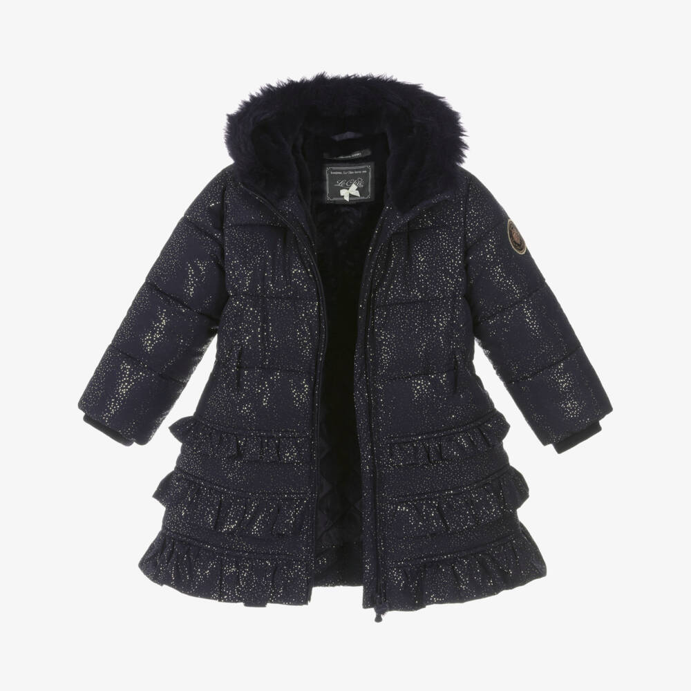Le Chic-Girls Glittery Navy Blue Hooded Puffer Coat with Faux Fur Trim | Childrensalon