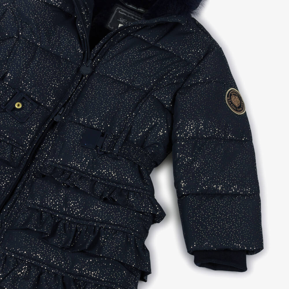 Le Chic-Girls Glittery Navy Blue Hooded Puffer Coat with Faux Fur Trim | Childrensalon
