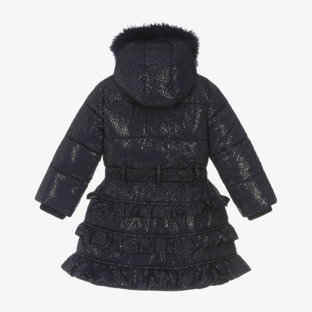 Le Chic-Girls Glittery Navy Blue Hooded Puffer Coat with Faux Fur Trim | Childrensalon