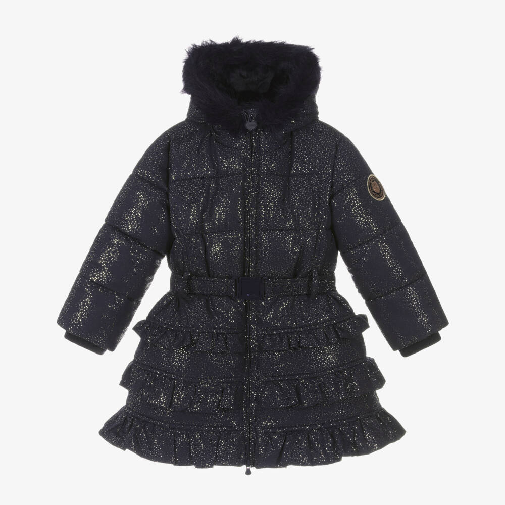 Le Chic-Girls Glittery Navy Blue Hooded Puffer Coat with Faux Fur Trim | Childrensalon