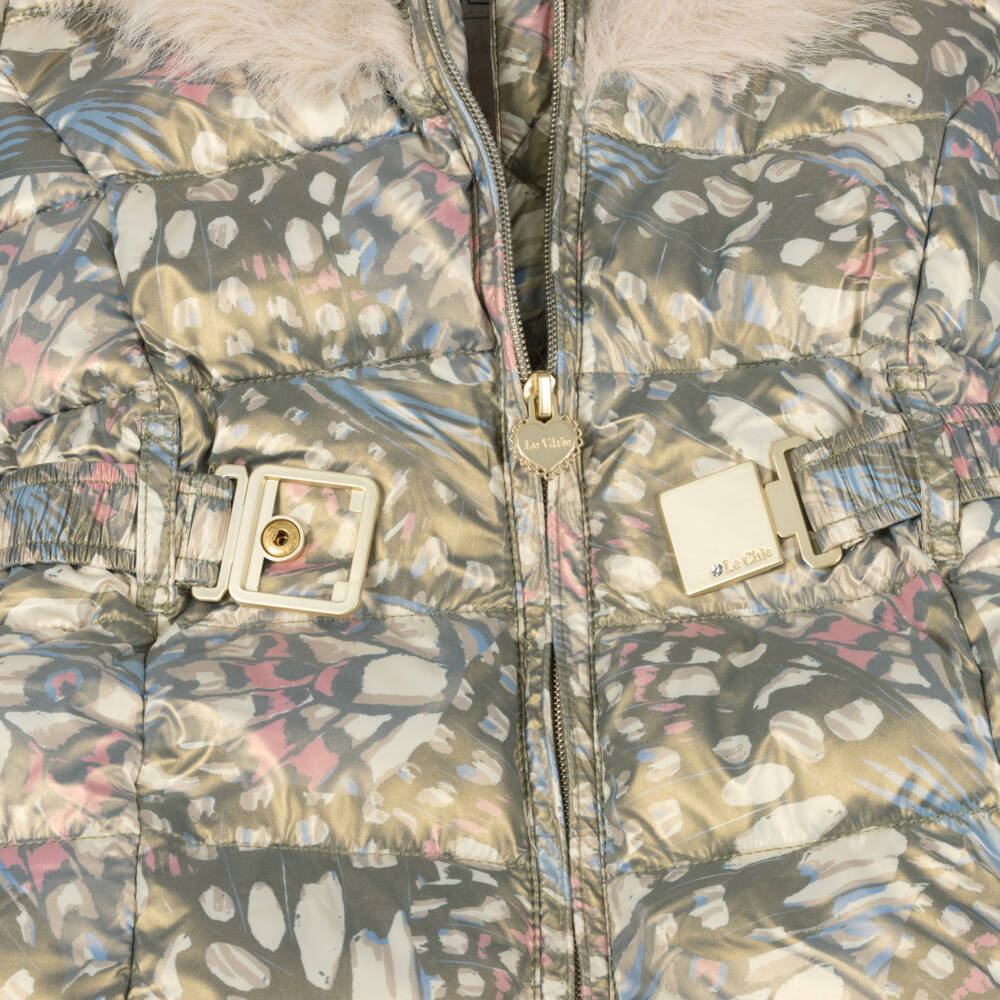 Le Chic-Girls Gold Butterfly Print Coat with Faux Fur Trim Hood | Childrensalon