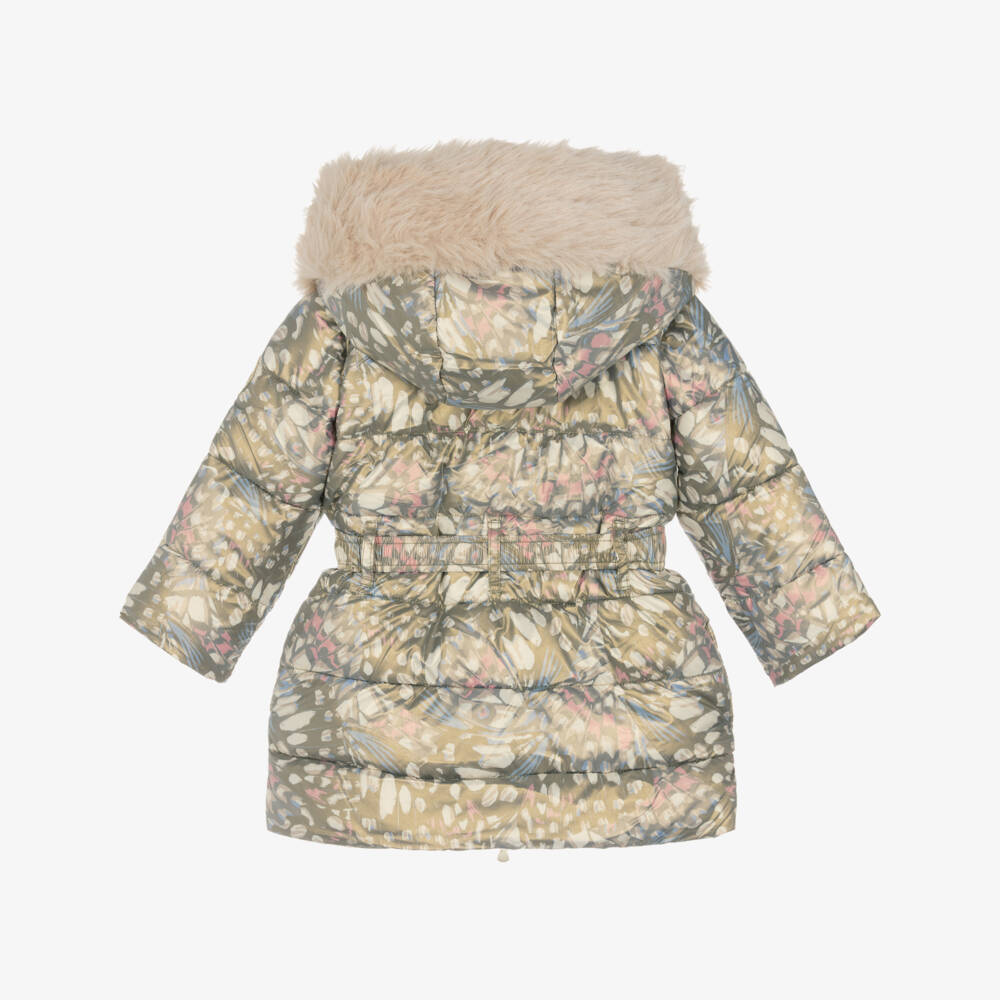 Le Chic-Girls Gold Butterfly Print Coat with Faux Fur Trim Hood | Childrensalon