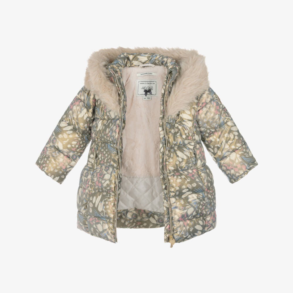 Le Chic-Girls Gold Butterfly Print Coat with Faux Fur Trim Hood | Childrensalon