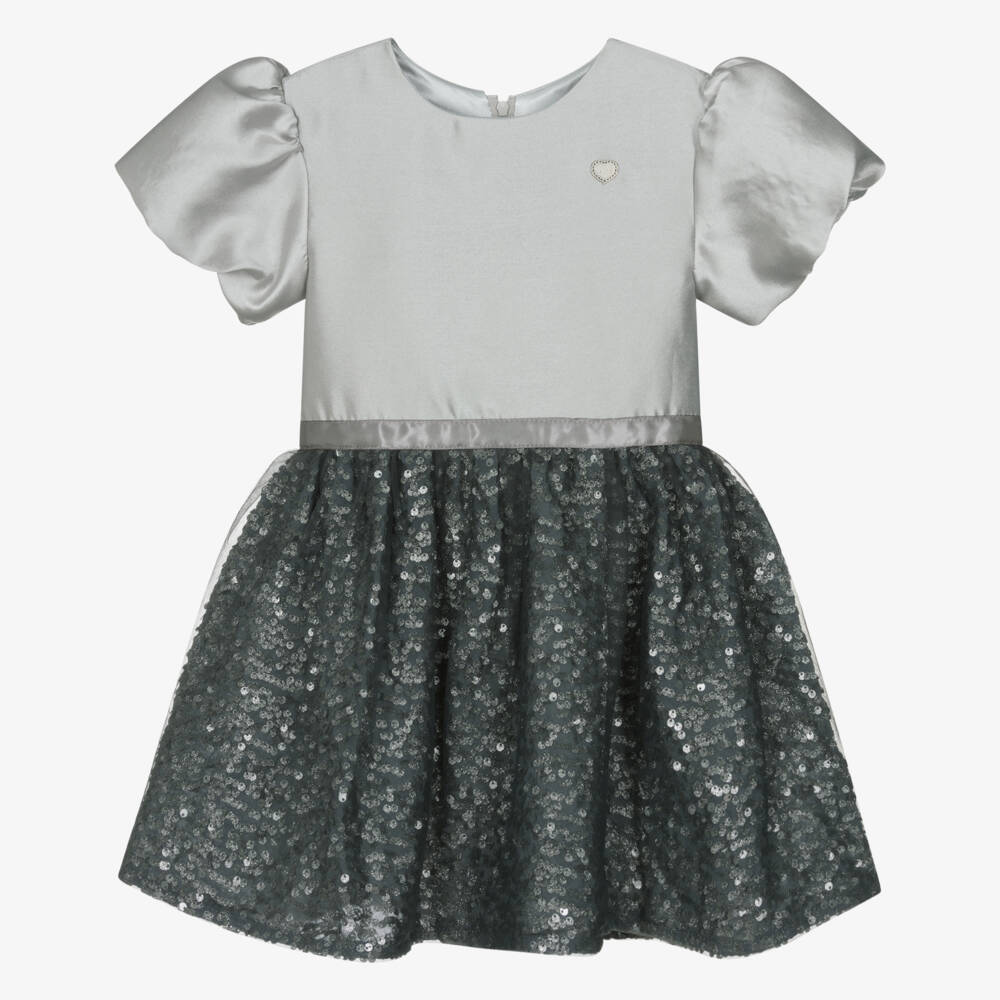Le Chic-Girls Grey Satin & Sequin Dress | Childrensalon