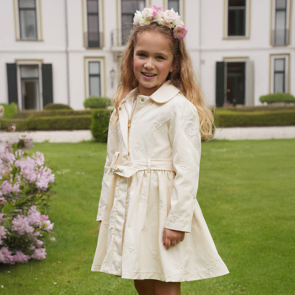 Le Chic-Girls Ivory Cotton Hooded Coat | Childrensalon
