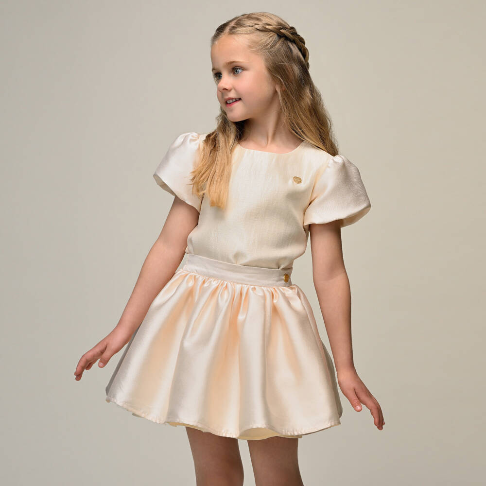 Le Chic-بلوزة بأكمام منفوخة كريب ساتان لون عاجي للبنات | Childrensalon
