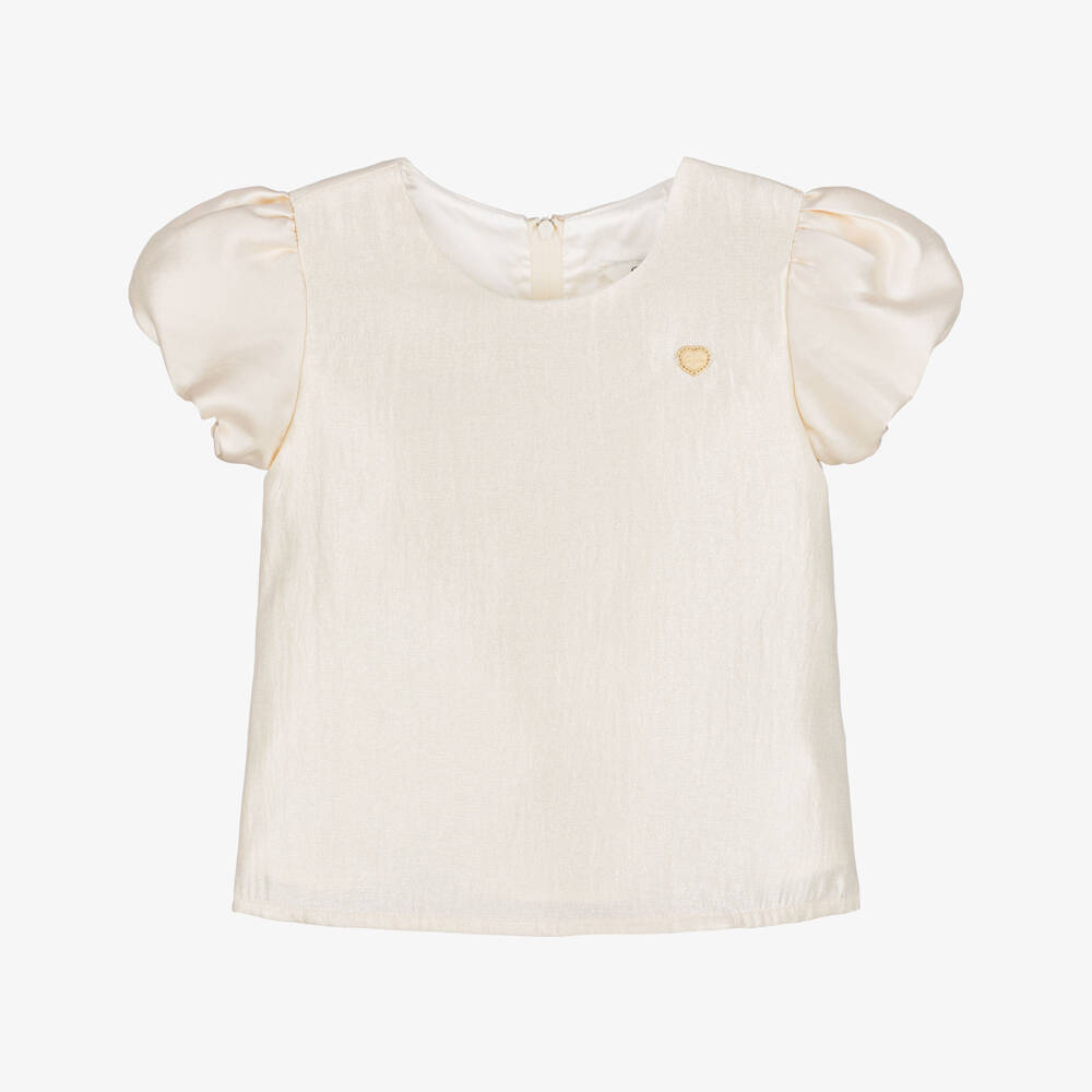 Le Chic-Girls Ivory Crêpe Satin Puff Sleeve Blouse | Childrensalon