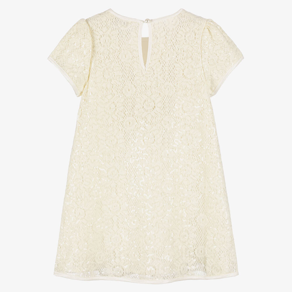 Le Chic-Girls Ivory Crochet Knit Dress with Sequins | Childrensalon