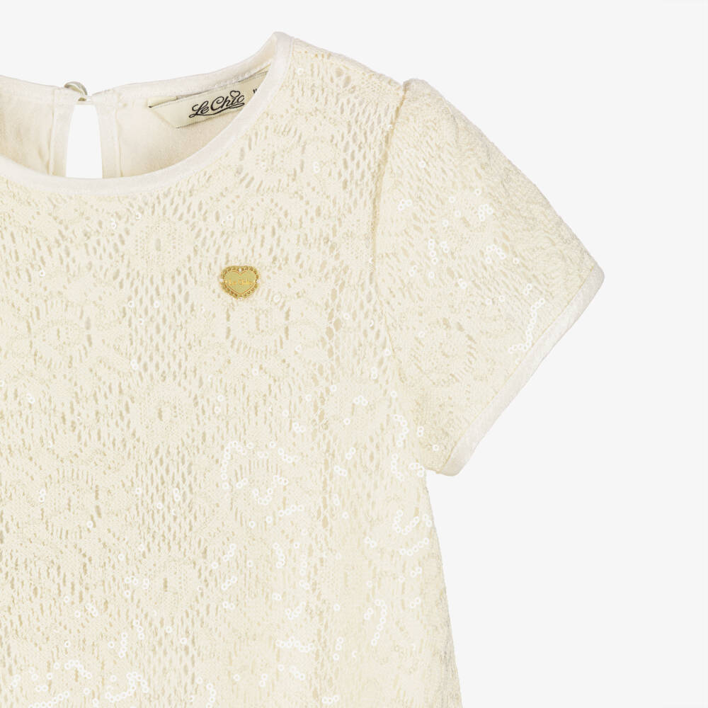 Le Chic-Girls Ivory Crochet Knit Dress with Sequins | Childrensalon