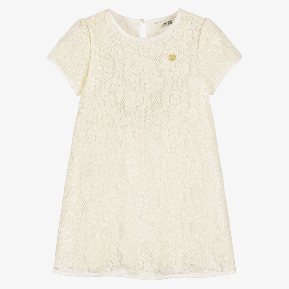 Le Chic-Girls Ivory Crochet Knit Dress with Sequins | Childrensalon