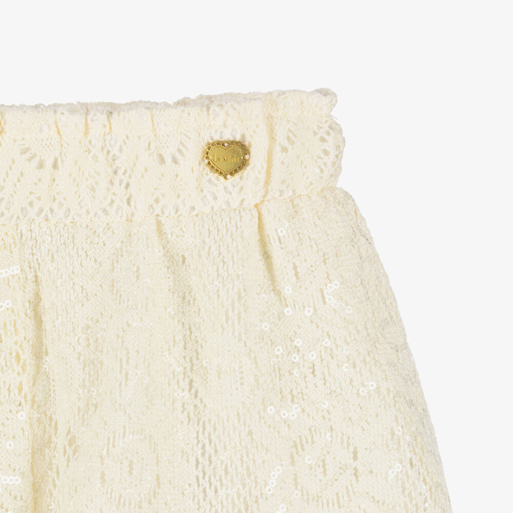 Le Chic-Girls Ivory Crochet Knit Shorts with Sequins | Childrensalon