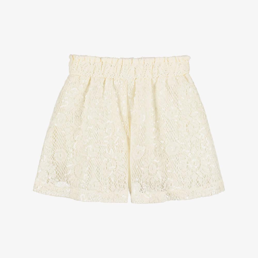 Le Chic-Girls Ivory Crochet Knit Shorts with Sequins | Childrensalon