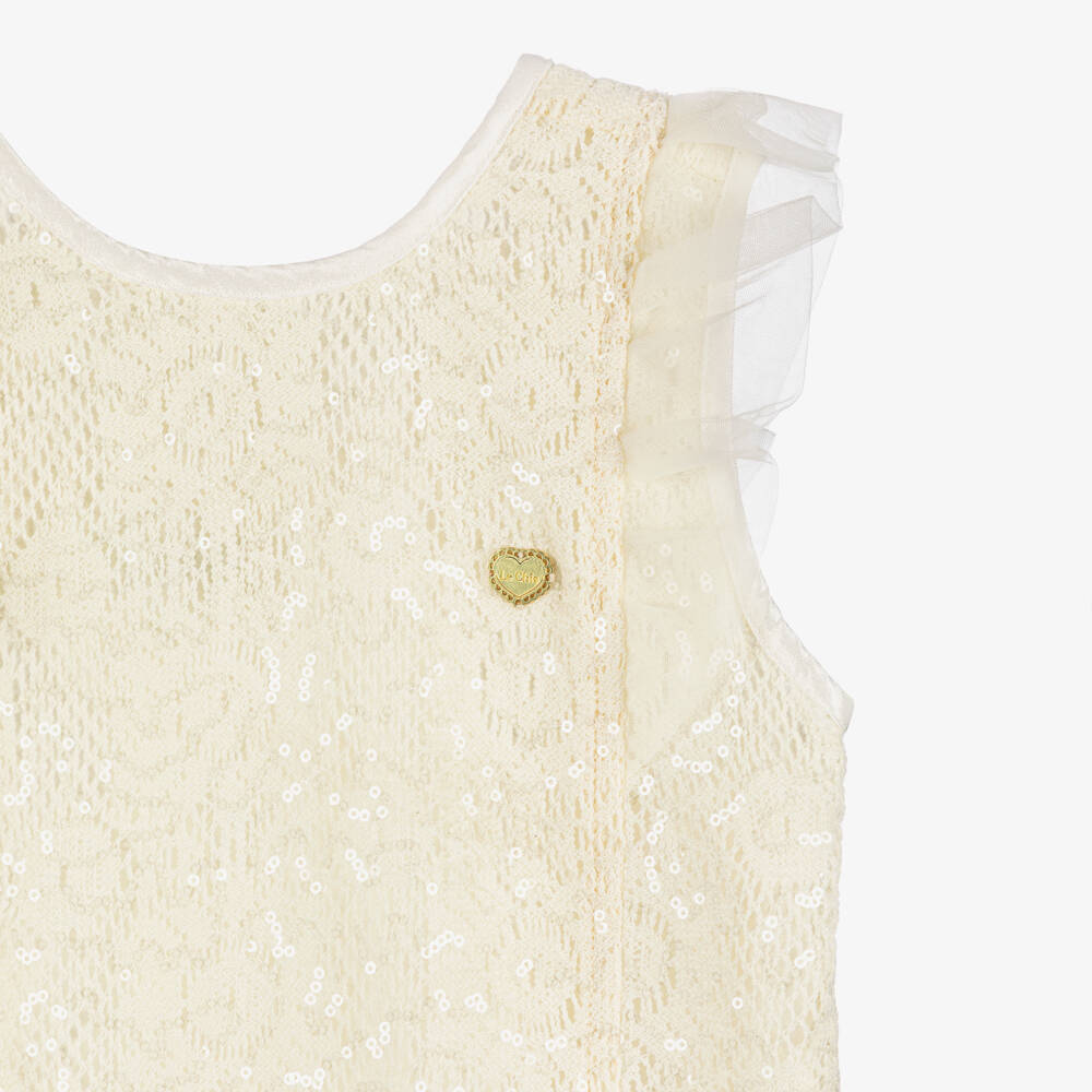 Le Chic-Girls Ivory Crochet Knit Top with Sequins | Childrensalon