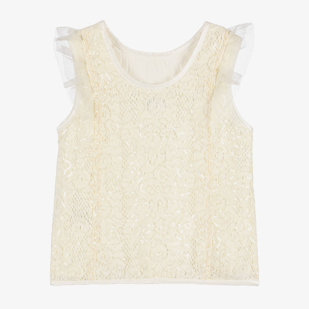 Le Chic-Girls Ivory Crochet Knit Top with Sequins | Childrensalon