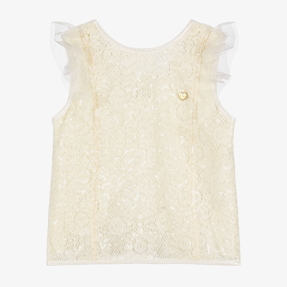Le Chic-Girls Ivory Crochet Knit Top with Sequins | Childrensalon