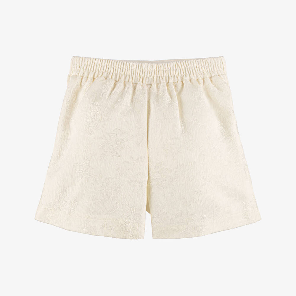 Le Chic-Girls Ivory Floral Jacquard Pleated Shorts | Childrensalon