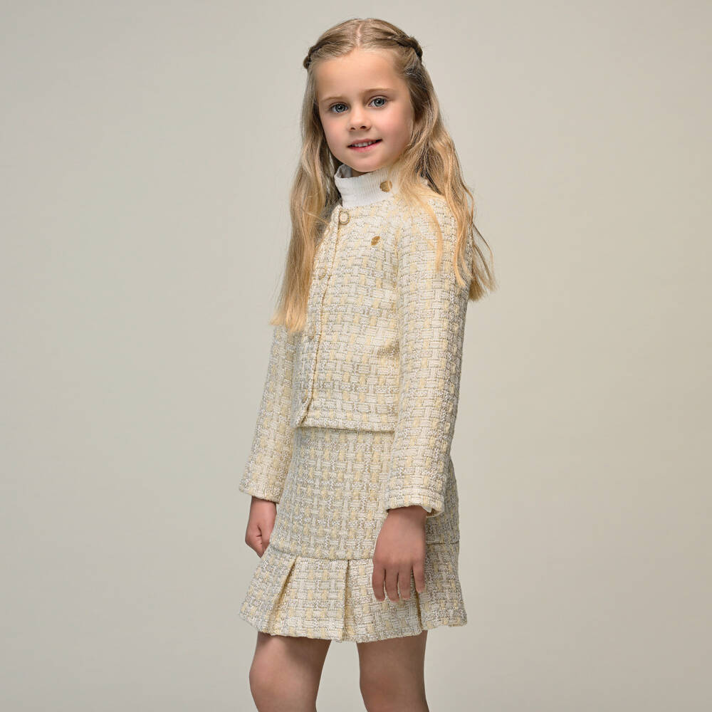 Le Chic-Girls Ivory & Gold Shimmery Tweed Skirt | Childrensalon