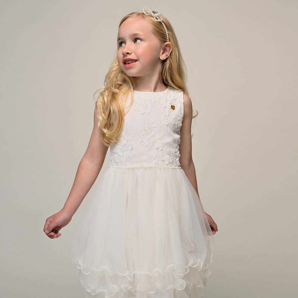 Le Chic-Girls Ivory Lace & Tulle Dress with Pearl Beads | Childrensalon