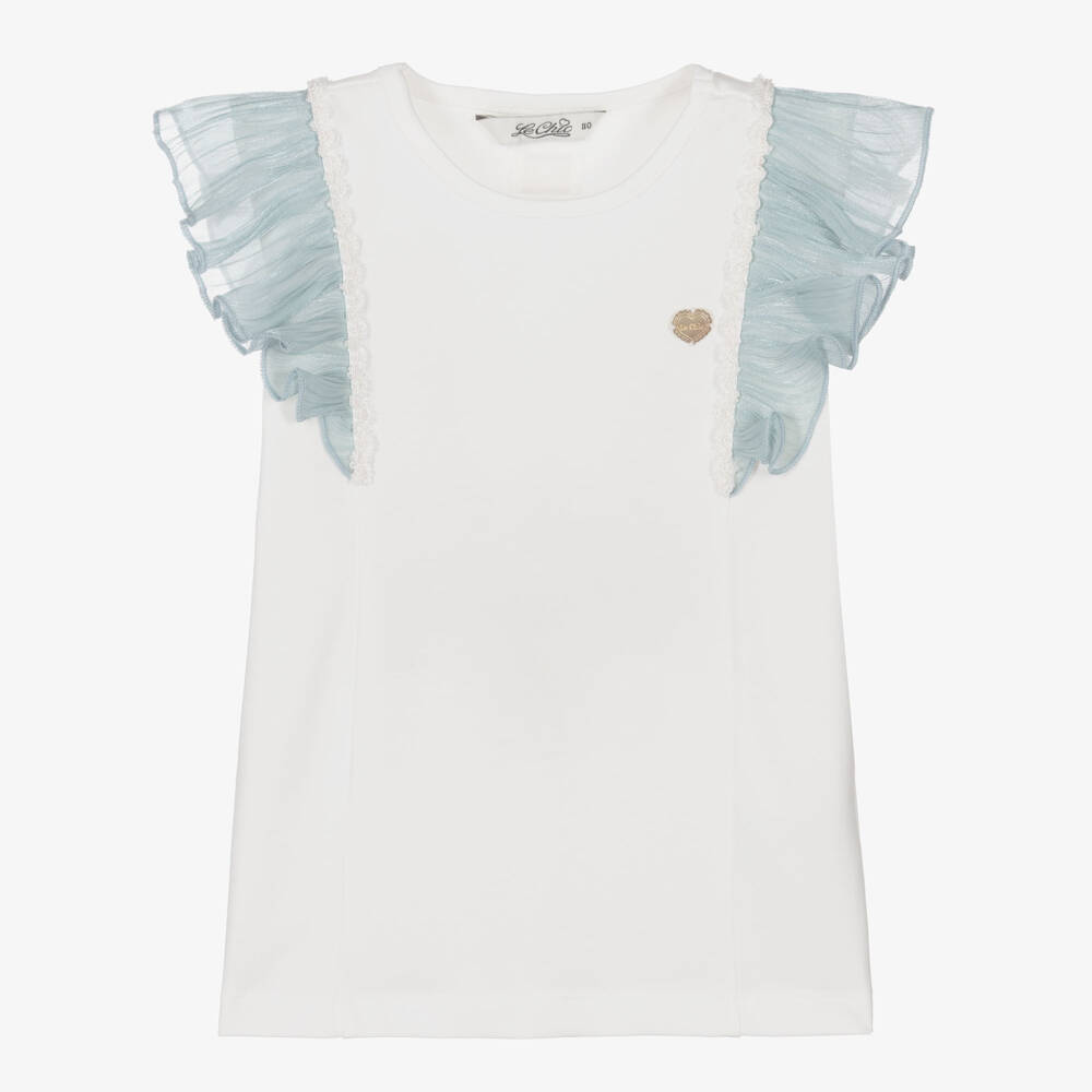 Le Chic-Girls Ivory Organic Cotton T-Shirt with Aqua Blue Ruffles | Childrensalon