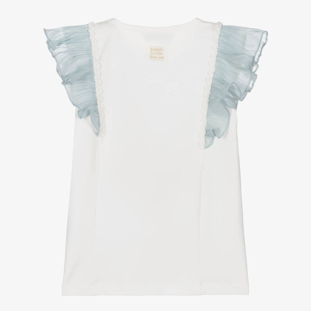Le Chic-Girls Ivory Organic Cotton T-Shirt with Aqua Blue Ruffles | Childrensalon