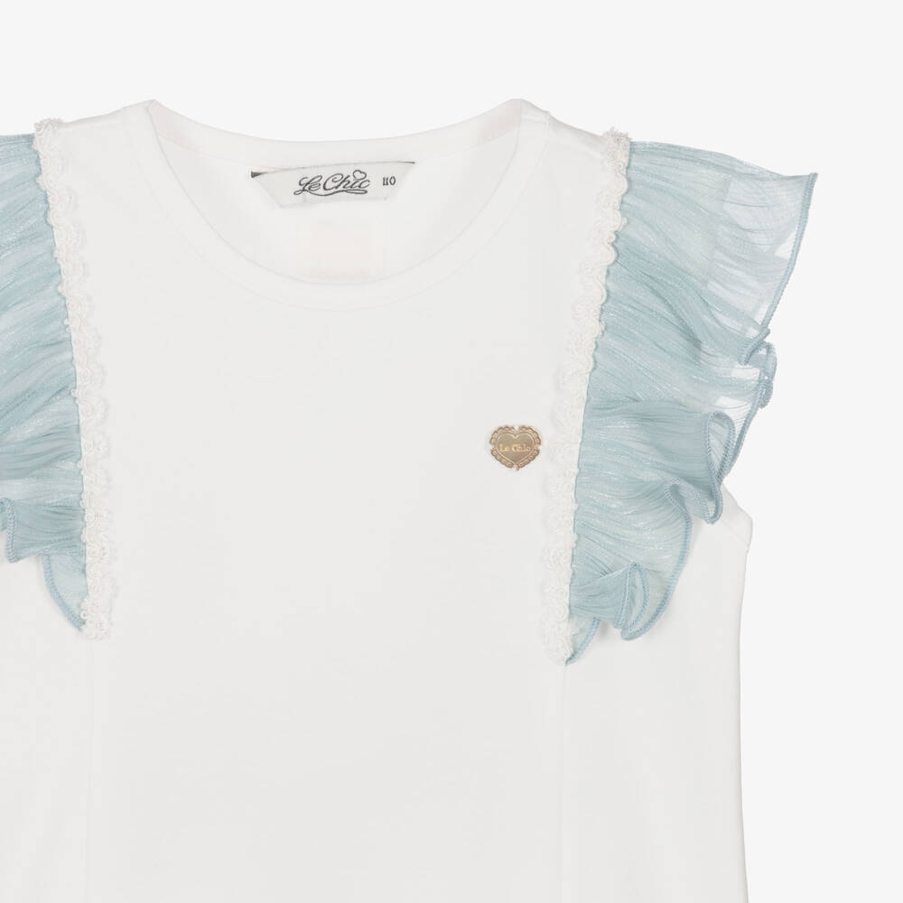 Le Chic-Girls Ivory Organic Cotton T-Shirt with Aqua Blue Ruffles | Childrensalon